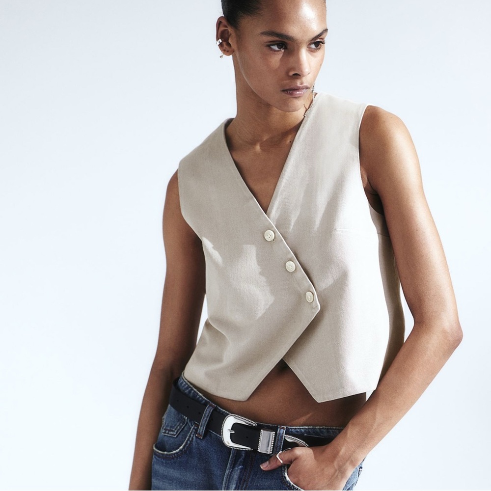 H&M Cotton Asymmetric-front Suit Vest Taupe Size Small S Brand New with tag